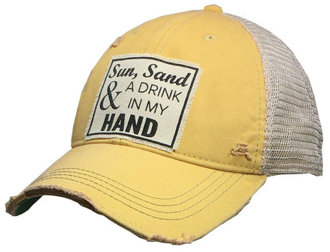 Sun Sand & A Drink In My Hand Distressed Trucker Cap